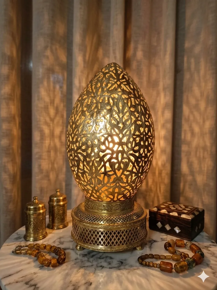 Lampes marocaines en laiton rayonnant chaleureusement dans un atelier d'artisan